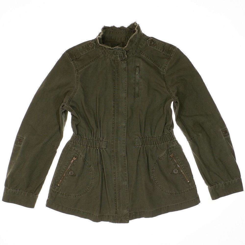 Elle Military Jacket Size M Womens Army Green Distress Full Zip Elastic Waist